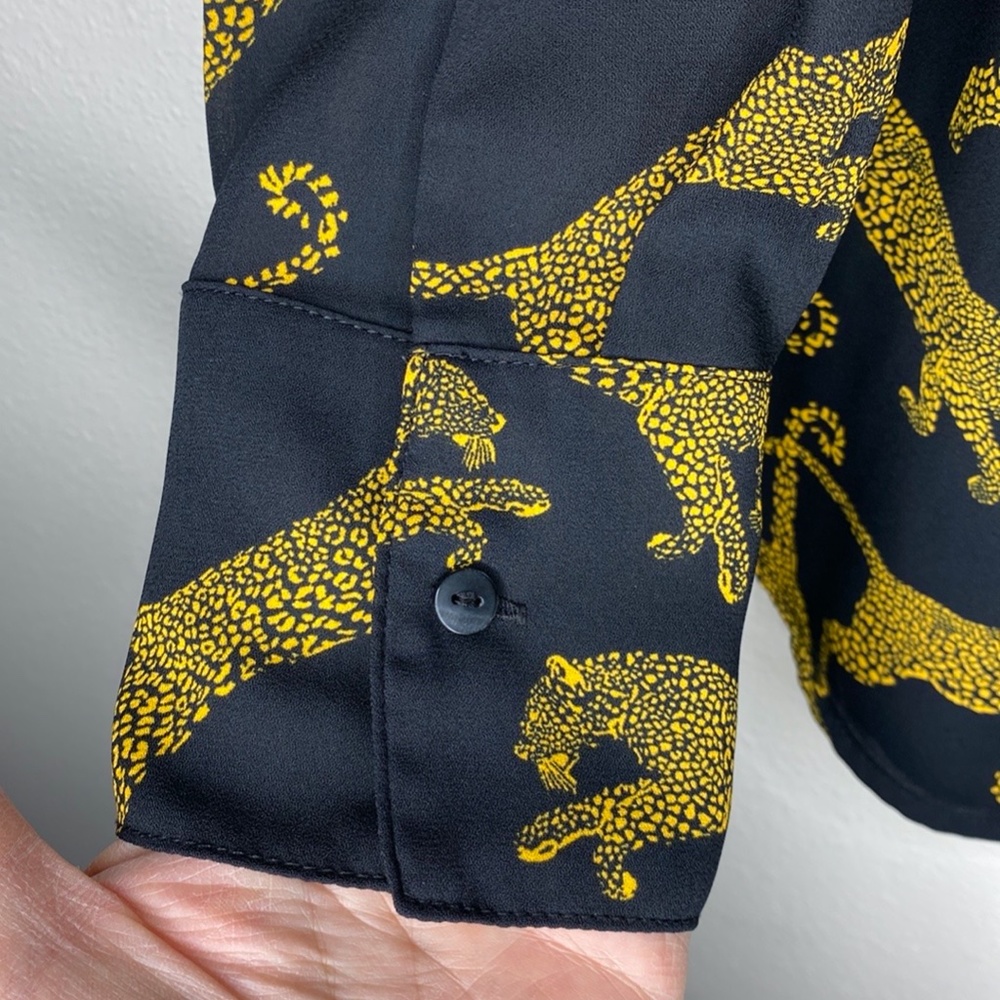 Worthingotn Black/Amber Leopard Print V-Neck Button Up Long Sleeve Blouse Size L - Picture 8 of 13